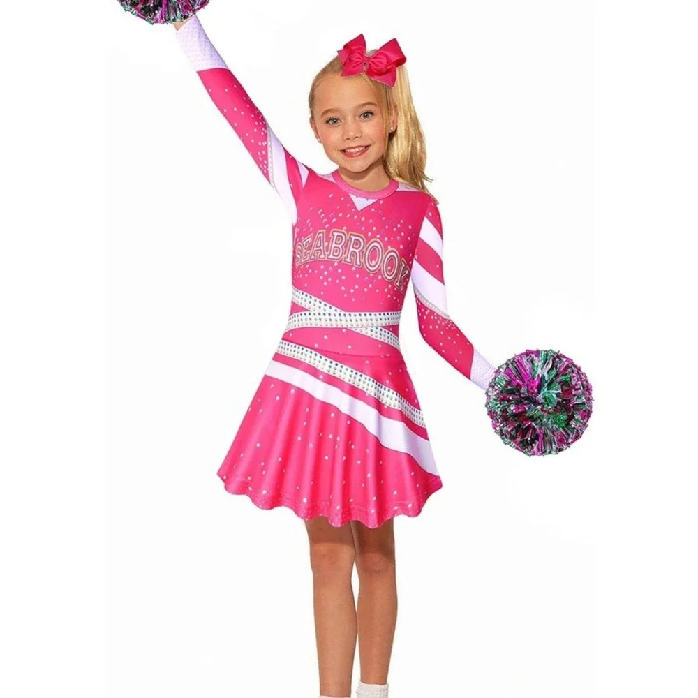 Zombies 3 Seabrook Cheerleader Costume Girls‎ Pink Dress Set Pom Poms Bow NEW